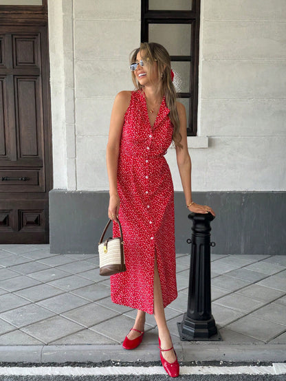 Women's French-style Casual Printed Shirt Collar Lace-up Belt Sleeveless Dress