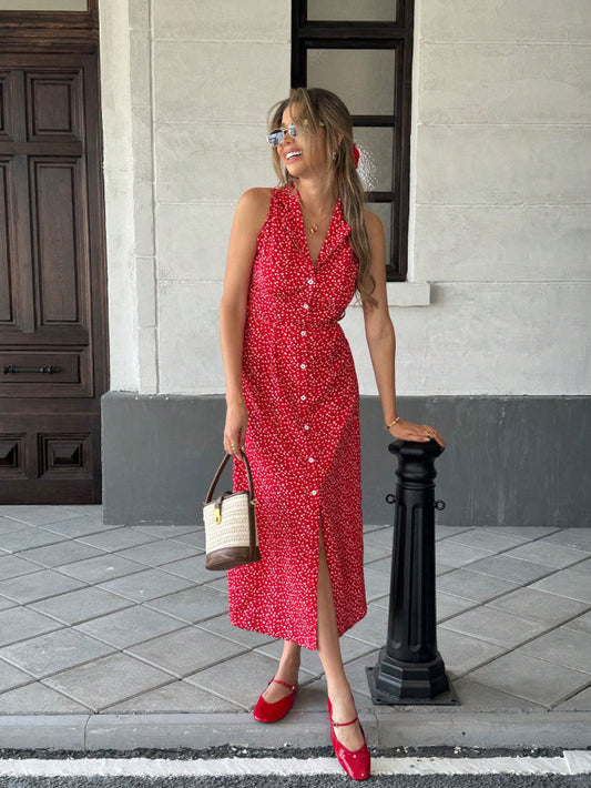 Women's French-style Casual Printed Shirt Collar Lace-up Belt Sleeveless Dress