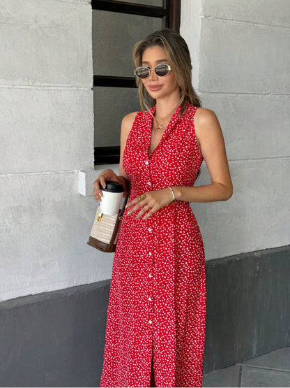 Women's French-style Casual Printed Shirt Collar Lace-up Belt Sleeveless Dress