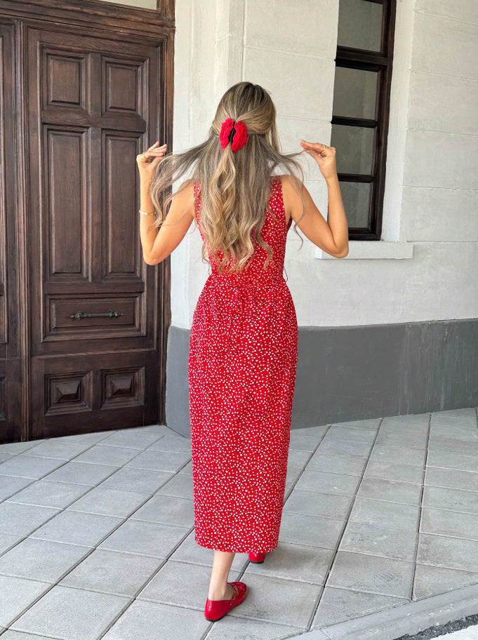 Women's French-style Casual Printed Shirt Collar Lace-up Belt Sleeveless Dress