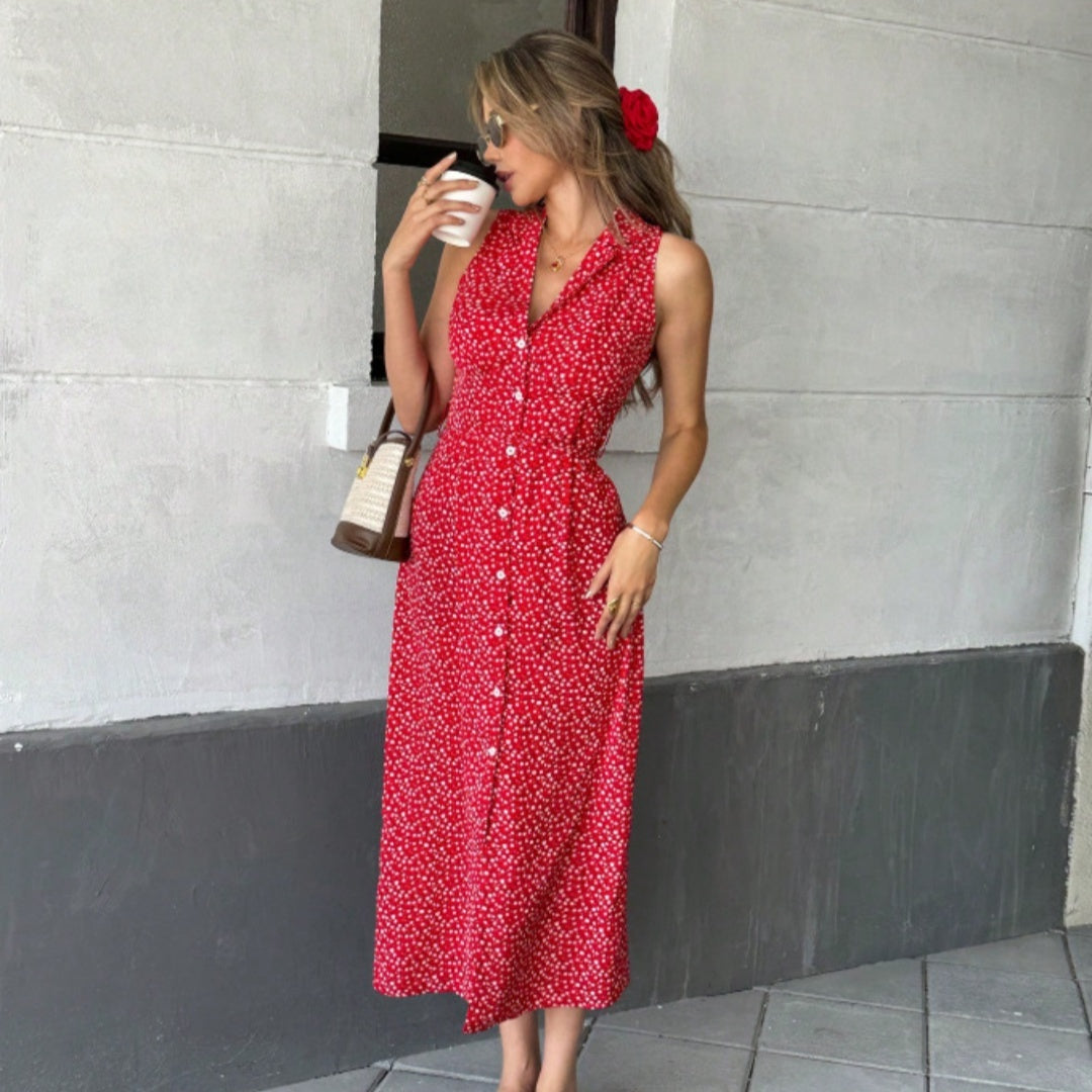 Women's French-style Casual Printed Shirt Collar Lace-up Belt Sleeveless Dress