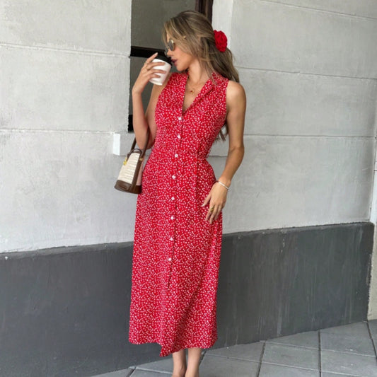 Women's French-style Casual Printed Shirt Collar Lace-up Belt Sleeveless Dress