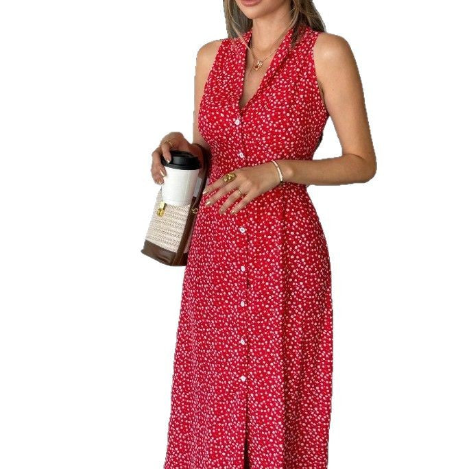 Women's French-style Casual Printed Shirt Collar Lace-up Belt Sleeveless Dress