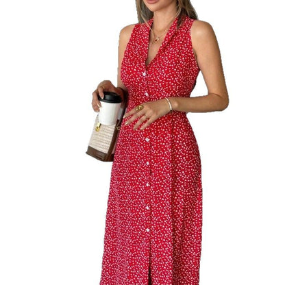 Women's French-style Casual Printed Shirt Collar Lace-up Belt Sleeveless Dress