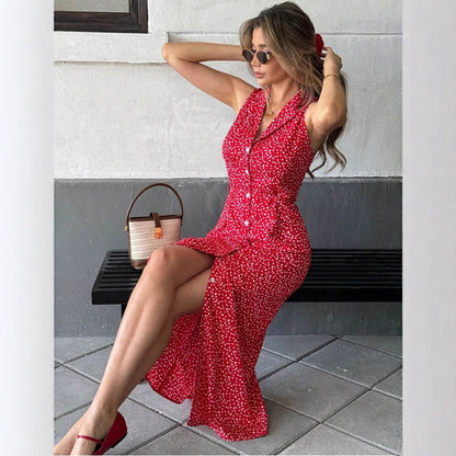 Women's French-style Casual Printed Shirt Collar Lace-up Belt Sleeveless Dress